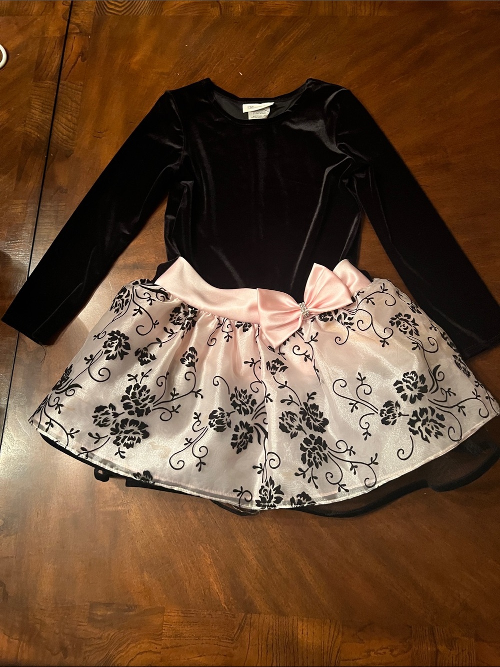 Bonnie Jean Black Velvet Top with Pink Floral Bow Skirt